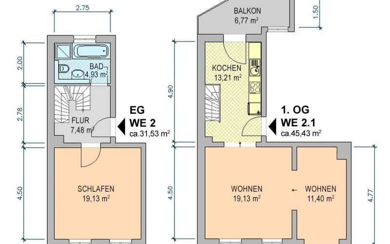 Grundriss WE 02 1 und 2OG